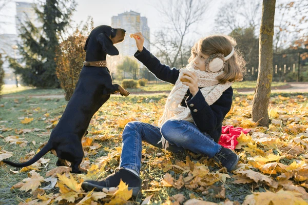 Happy family with their dachshund